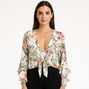 Forever 21 Hawaiian White Floral Tie-Front Flowy Blouse Size Small Vacation Luau